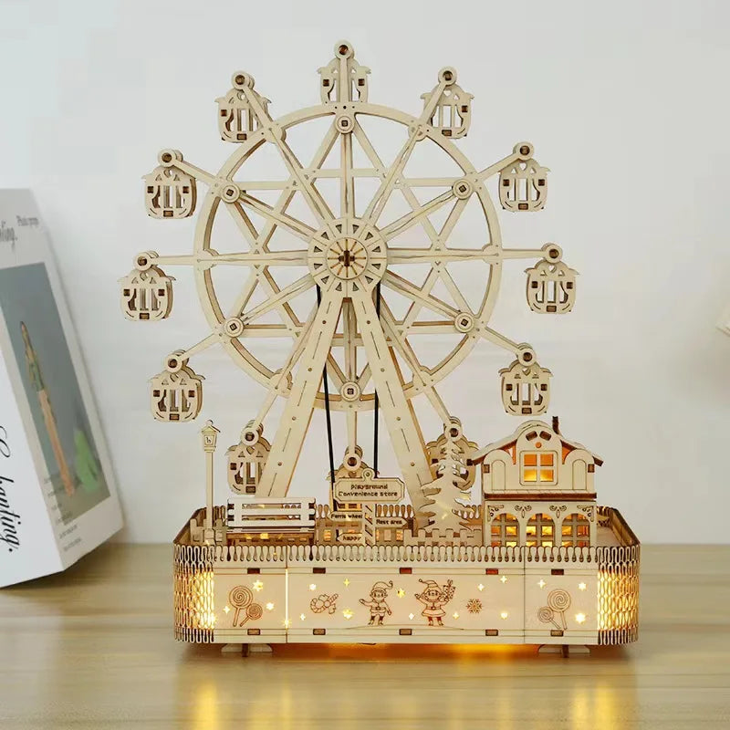 DIY Wooden Ferris Wheel Music Box – 3D Puzzle Model with LED Lights